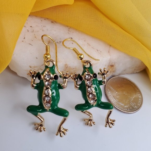 Gold Earring Frog Jewelry Green Lucky Charm Frogs Crystals - Picture 2 of 5
